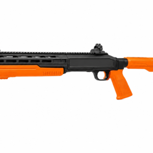 Escopeta traumática táctica calibre .68 color negro y naranja con culata ergonómica y diseño moderno.