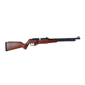 Rifle de aire comprimido PCP con culata de madera y sistema de aire precomprimido para tiro de precisión.