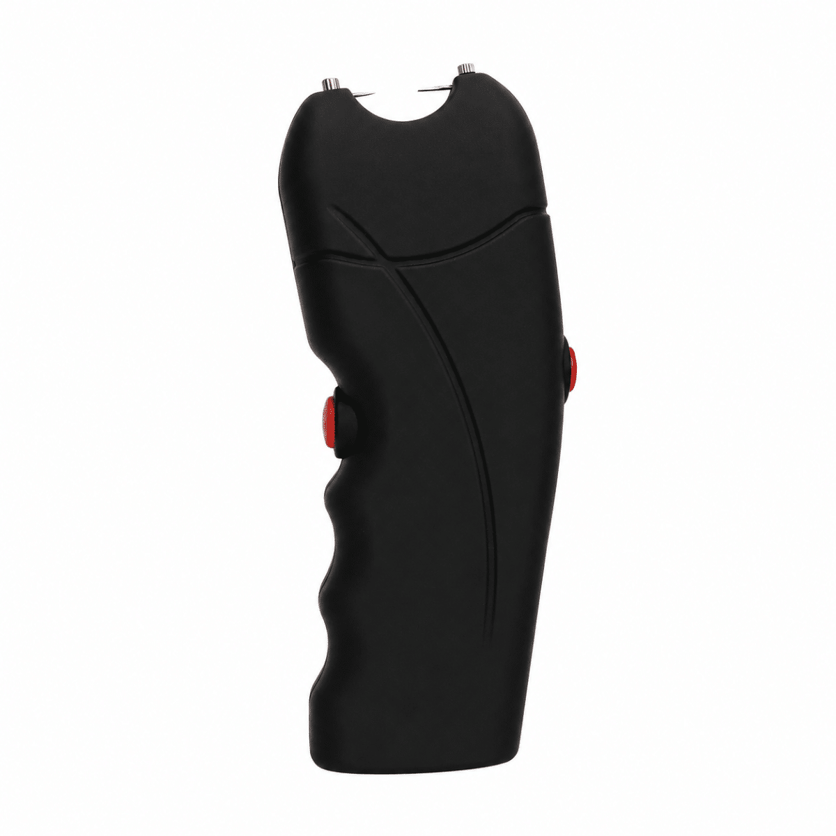 Pistola taser de defensa personal color negro con electrodos frontales y diseño ergonómico antideslizante.