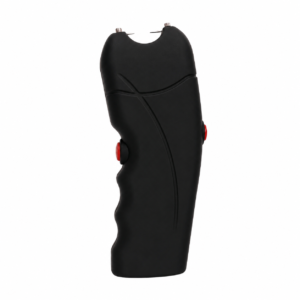 Pistola taser de defensa personal color negro con electrodos frontales y diseño ergonómico antideslizante.