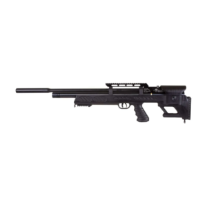 Rifle PCP BullBoss tipo bullpup con depósito de aire, riel Picatinny y diseño táctico para tiro de precisión.