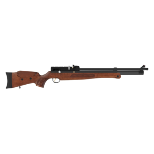 Rifle PCP de aire comprimido con culata de madera, depósito de aire y miras ajustables para tiro deportivo de precisión.
