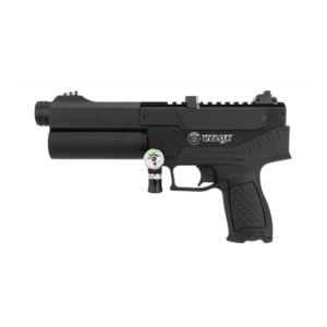 Pistola PCP Hatsan Velox de aire comprimido con depósito de aire integrado, manómetro y riel para accesorios.