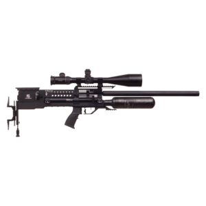 Rifle PCP Reximex Meta Premium tipo bullpup con mira telescópica, botella de fibra de carbono y cañón de precisión.
