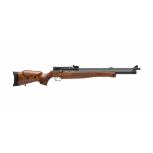 Rifle PCP de aire comprimido con culata de madera, depósito de aire integrado y sistema de precisión para tiro deportivo.