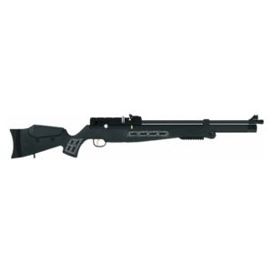 Rifle PCP de aire comprimido con culata táctica ajustable, depósito de aire integrado y miras de precisión para tiro deportivo.