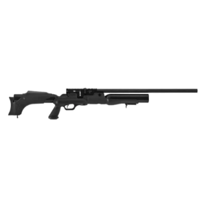 Rifle PCP táctico tipo bullpup con depósito de aire integrado, culata ajustable y diseño compacto para tiro de precisión.