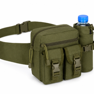 Cangurera táctica militar color verde con compartimentos frontales y porta botella lateral para campismo, senderismo y actividades outdoor.