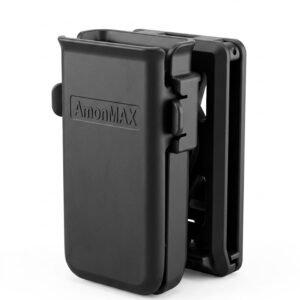 Portacargador AmonMAX color negro fabricado en polímero resistente con sistema de sujeción para cinturón táctico.