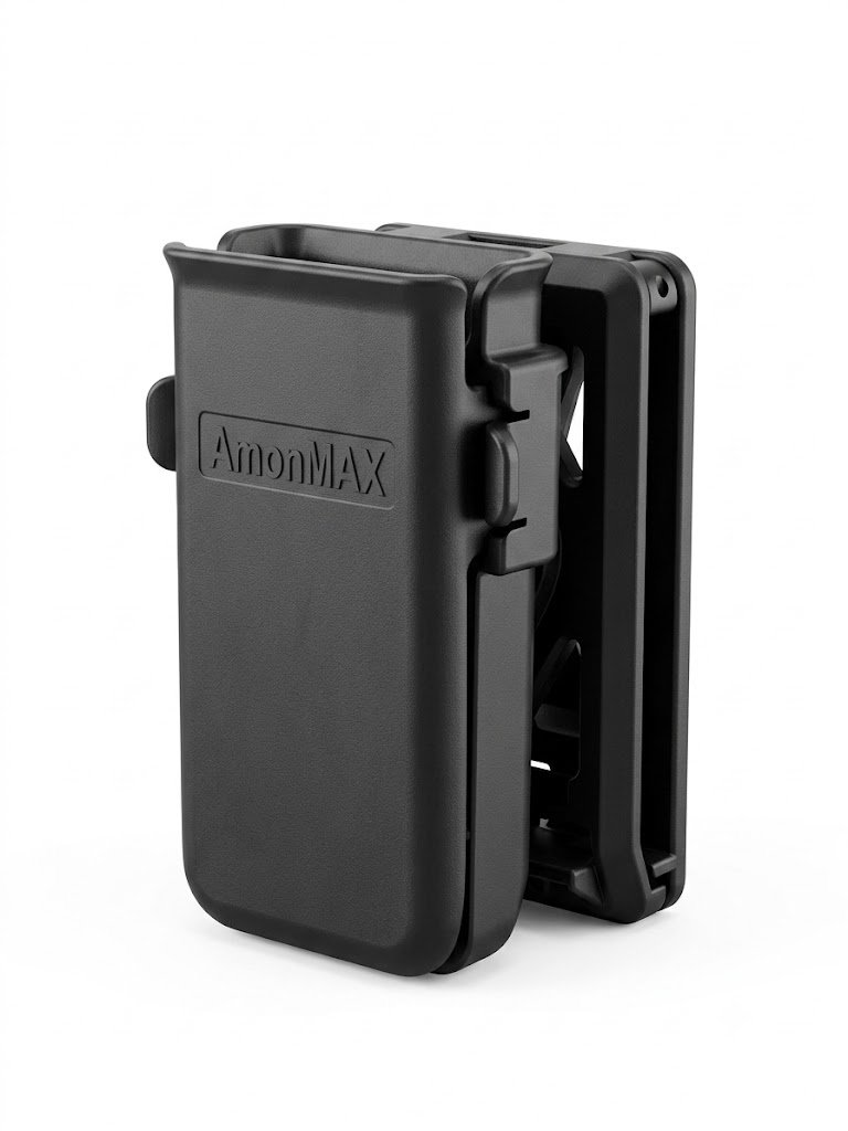 FUNDA CARGADOR UNIV. 9MM/40/45 AMOMAX NE Portacargador AmonMAX color negro fabricado en polímero resistente con sistema de sujeción para cinturón táctico.