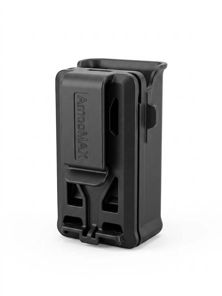 FUNDA CARGADOR UNIV. 9MM/40/45 AMOMAX NE Portacargador AmonMAX negro con clip de sujeción para cinturón, fabricado en polímero resistente para transporte seguro de cargadores.
