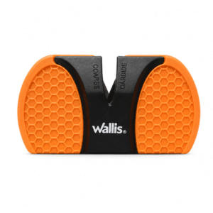 Afilador de cuchillos Wallis de dos etapas con ranuras de carburo y cerámica, color negro y naranja.