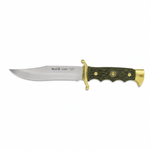 Cuchillo de caza Muela con hoja fija de acero inoxidable, mango verde ergonómico y guarda de latón.