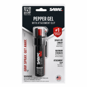 Gel de pimienta SABRE Red con clip de sujeción para defensa personal y acceso rápido.