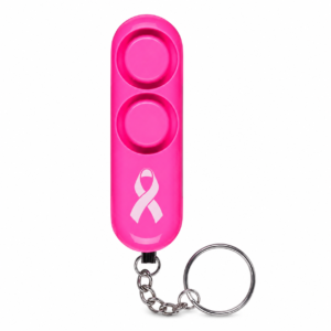 Alarma personal rosa con llavero metálico y doble botón de activación para seguridad personal.