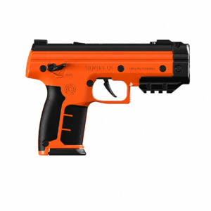 Pistola traumática Byrna LE color naranja con riel para accesorios y diseño compacto.