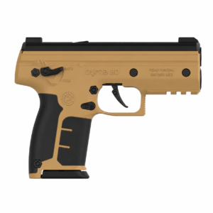 Pistola traumática Byrna SD color arena con empuñadura negra ergonómica y diseño compacto.