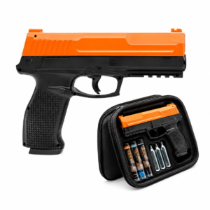 Pistola traumática Secure .68 color naranja y negro con estuche y accesorios incluidos.