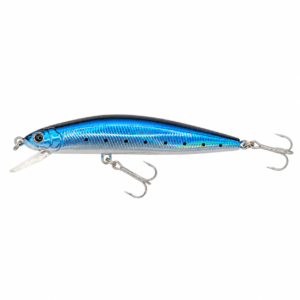 Señuelo minnow azul holográfico con doble anzuelo triple para pesca deportiva de depredadores.
