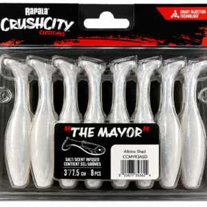 Paquete de señuelos blandos Rapala CrushCity The Mayor Albino Shad de 7.5 cm con aroma y acción realista para pesca deportiva.