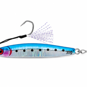 Señuelo jig metálico azul holográfico de 30 gramos con assist hook delantero y anzuelo triple trasero para pesca deportiva.