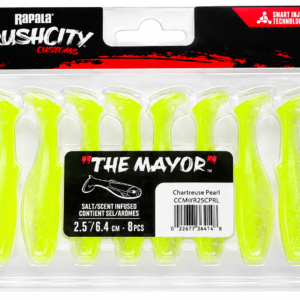 Señuelos blandos Rapala CrushCity The Mayor Chartreuse Pearl 2.5 pulgadas en paquete de 8 piezas para pesca deportiva.