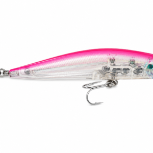 Señuelo minnow rosa transparente con dos anzuelos triples y pala de inmersión para pesca deportiva marina.