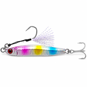 Señuelo jig metálico multicolor holográfico con assist hook delantero y anzuelo triple trasero para pesca deportiva.