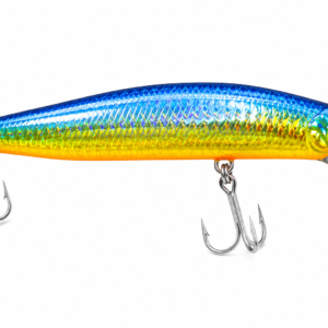 Señuelo minnow azul y verde holográfico con dos anzuelos triples para pesca deportiva de depredadores marinos.