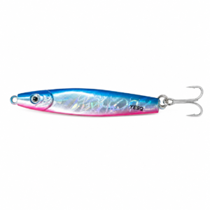 Señuelo jig metálico azul y rosa holográfico con anzuelo triple para pesca deportiva en mar y agua dulce.