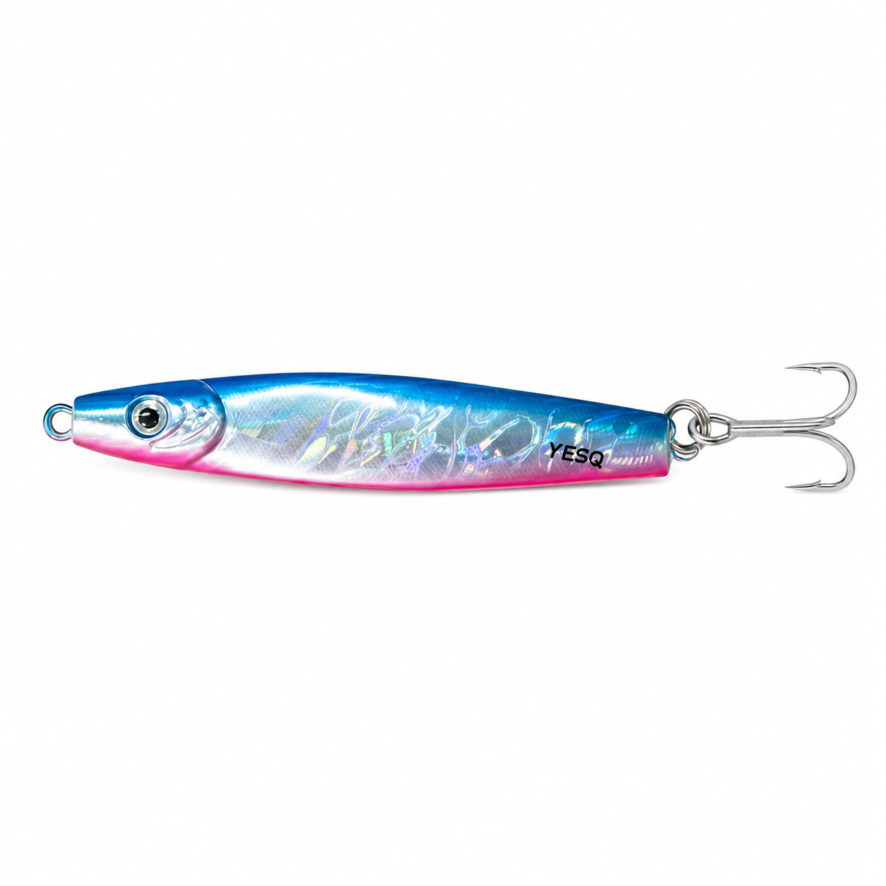 VOLAT 40G SILVER/PINK Señuelo jig metálico azul y rosa holográfico con anzuelo triple para pesca deportiva en mar y agua dulce.