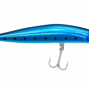 Señuelo minnow azul holográfico con dos anzuelos triples y pala de inmersión para pesca deportiva en agua salada.