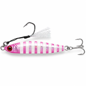 Señuelo jig metálico rosa cebra con assist hook delantero y anzuelo triple trasero para pesca deportiva en mar y agua dulce.