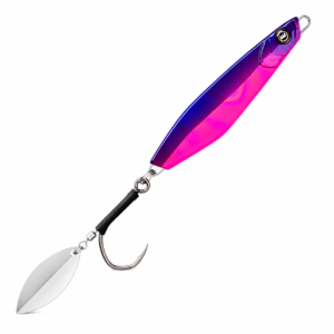 Señuelo jig metálico color rosa y azul holográfico con anzuelo asistido para pesca deportiva en agua dulce y salada.