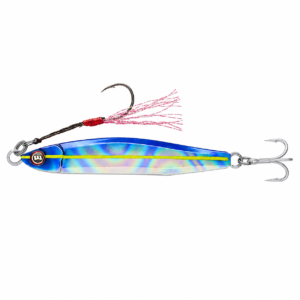 Señuelo jig metálico azul holográfico con línea amarilla, assist hook delantero y anzuelo triple trasero para pesca deportiva.