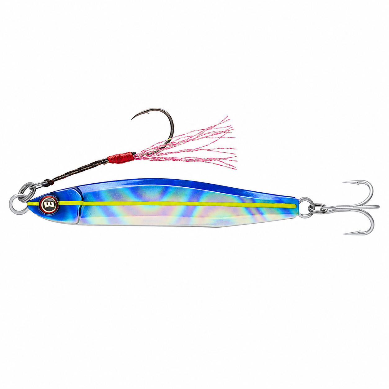 TRICK METAL JIG 30GR Señuelo jig metálico azul holográfico con línea amarilla, assist hook delantero y anzuelo triple trasero para pesca deportiva.