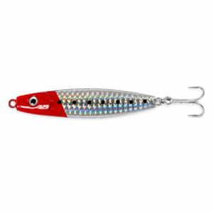 Señuelo jig metálico rojo y plateado holográfico con anzuelo triple para pesca deportiva en mar y agua dulce.
