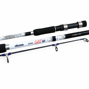 Caña de pesca Okuma Super Cast MX de acción media pesada con mango ergonómico y guías reforzadas para pesca deportiva.