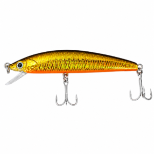 Señuelo minnow dorado holográfico con dos anzuelos triples para pesca de robalo, sierra y depredadores.