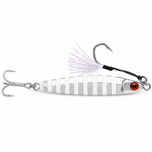Señuelo jig metálico plateado cebra con assist hook delantero y anzuelo triple trasero para pesca deportiva en mar y agua dulce.