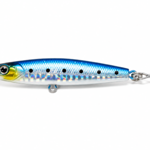 Señuelo tipo pencil azul sardina holográfico con anzuelo triple para pesca deportiva en agua salada.