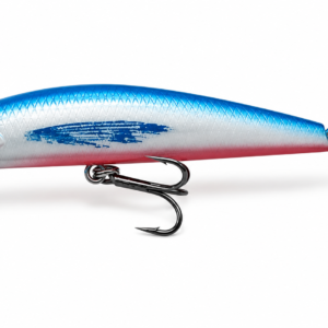 Señuelo minnow azul sardina con dos anzuelos triples para pesca deportiva de robalo, sierra y depredadores marinos.