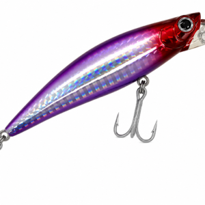 Señuelo minnow holográfico morado con cabeza roja y dos anzuelos triples para pesca de depredadores.