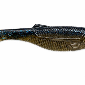 Señuelo soft swimbait Rapala color negro con destellos azules y cola paddle para pesca de depredadores.