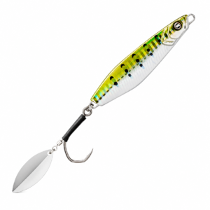 Señuelo jig metálico color sardina verde y plata con acabado holográfico, anzuelo asistido y hoja giratoria para pesca deportiva.