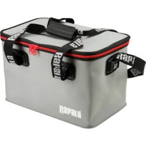 Bolsa impermeable Rapala Hydro Tackle Bag color gris con cierre rojo y correas de transporte para almacenar señuelos y accesorios de pesca.