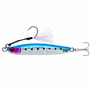 Señuelo jig metálico azul holográfico de 30 gramos con assist hook delantero y anzuelo triple trasero para pesca deportiva.