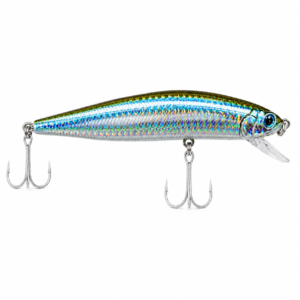 Señuelo minnow plateado holográfico con acabado brillante y dos anzuelos triples para pesca deportiva.