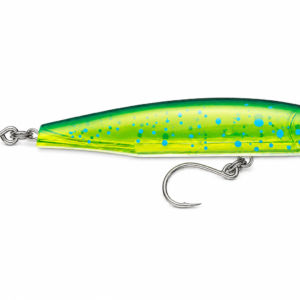 Señuelo stickbait verde limón holográfico con anzuelos simples para pesca deportiva de especies depredadoras.