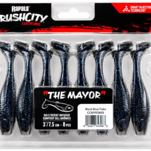 Señuelos blandos Rapala CrushCity The Mayor Black Blue Flake 3 pulgadas en paquete de 8 piezas para pesca deportiva.